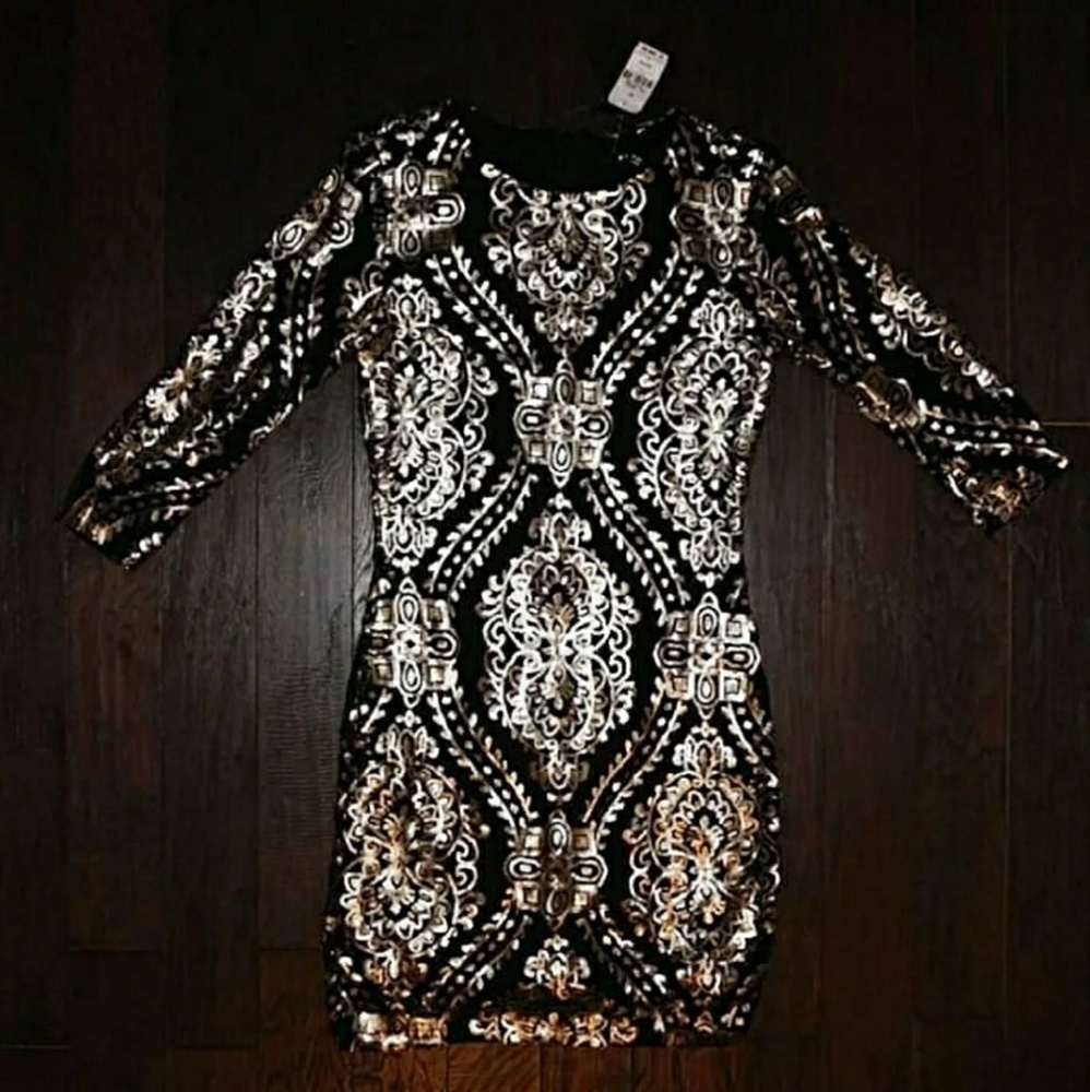 (New) Black/Gold Sequin Embroidery Dress